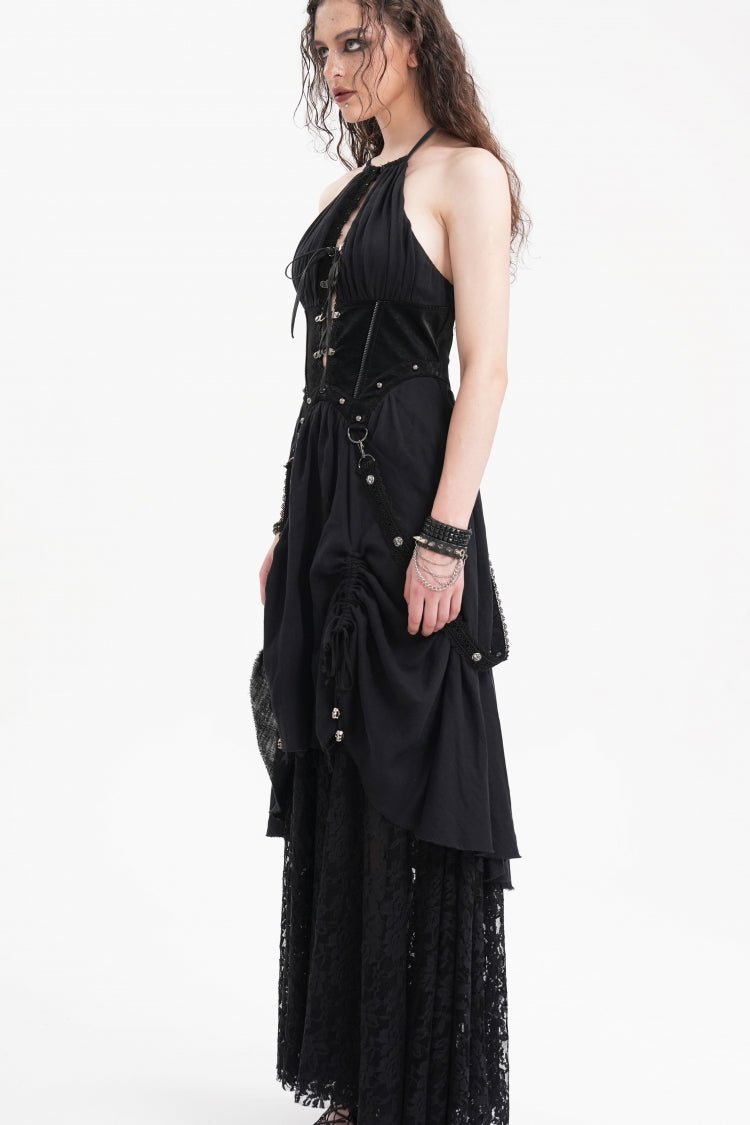 Black Halterneck Hollow Lace Women's Gothic Strap Maxi Dress - Product - 5