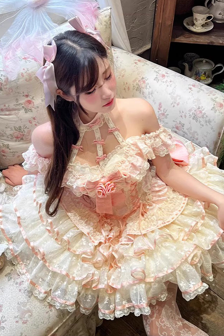 Pink [Flower Language of Eros] Halterneck Multi-Layered Ruffle Bowknot Rose Lace Lace-Up Sweet Ballet Lolita Jsk Dress - Product - 2