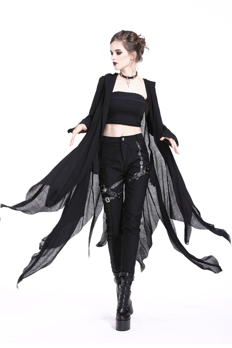 Black Long Sleeves Women's Grungy Gothic Vintage Hooded Coat - Black - 1