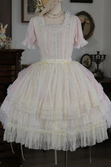 Pink [Vintage Ball 3.0] Square Collar Short Sleeves Lace Pearl Detail Sweet Lolita Dress - Product - 2