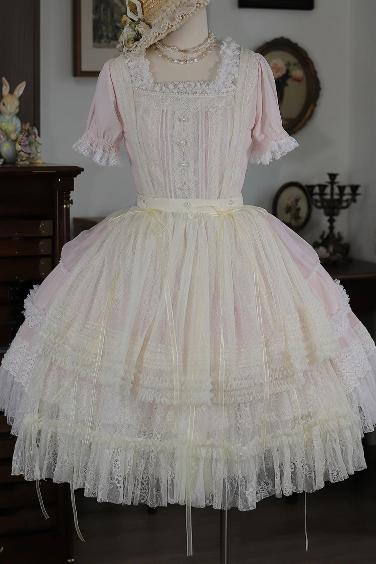 Pink [Vintage Ball 3.0] Square Collar Short Sleeves Lace Pearl Detail Sweet Lolita Dress - Product - 2