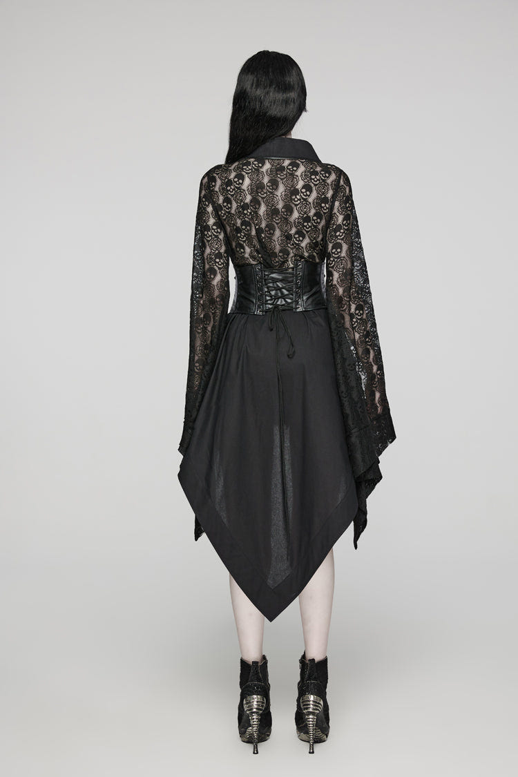 Black Irregular Hem Skull Print Hollow Stitching Womens Steampunk Kimono Dress - Product - 3