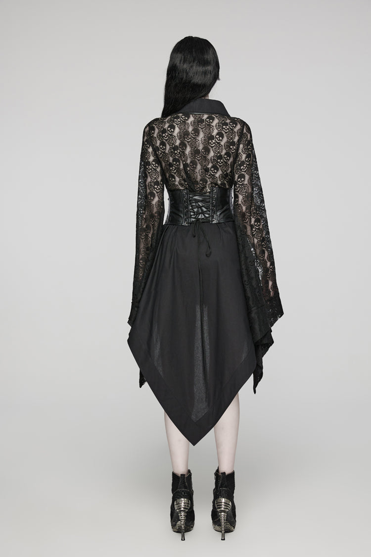 Black Irregular Hem Skull Print Hollow Stitching Womens Steampunk Kimono Dress - Product - 3