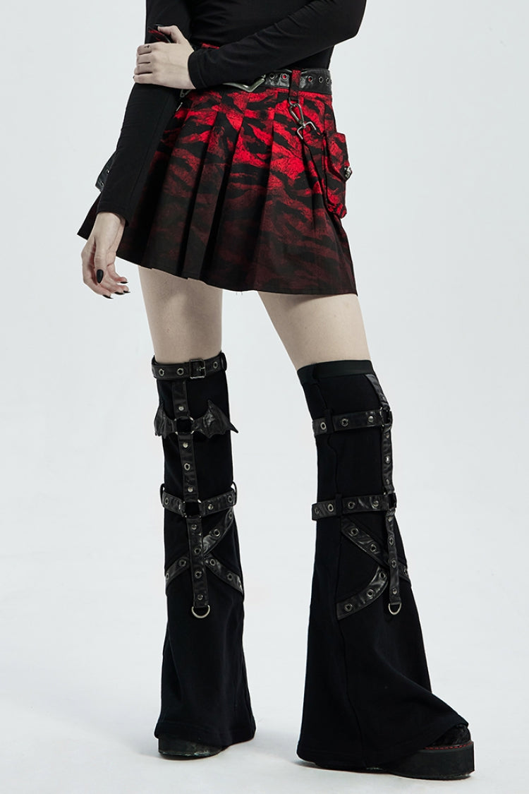Black/Red Abstract Print Metal Buckle Leather Buckle Women's Steampunk Skirt - Black/Red - 1