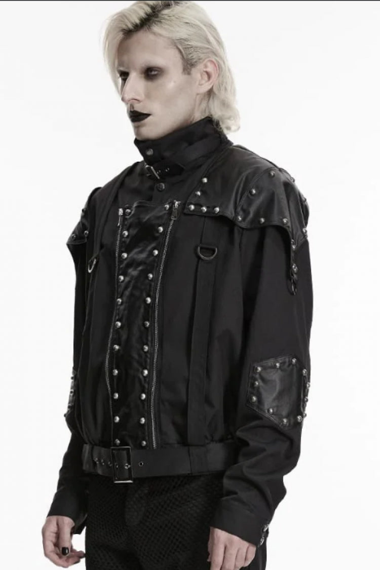 Black Stand Collar Long Sleeves Spliced Asymmetric Studded Buckled Zippered Men's Punk Cool Jacket - Product - 2