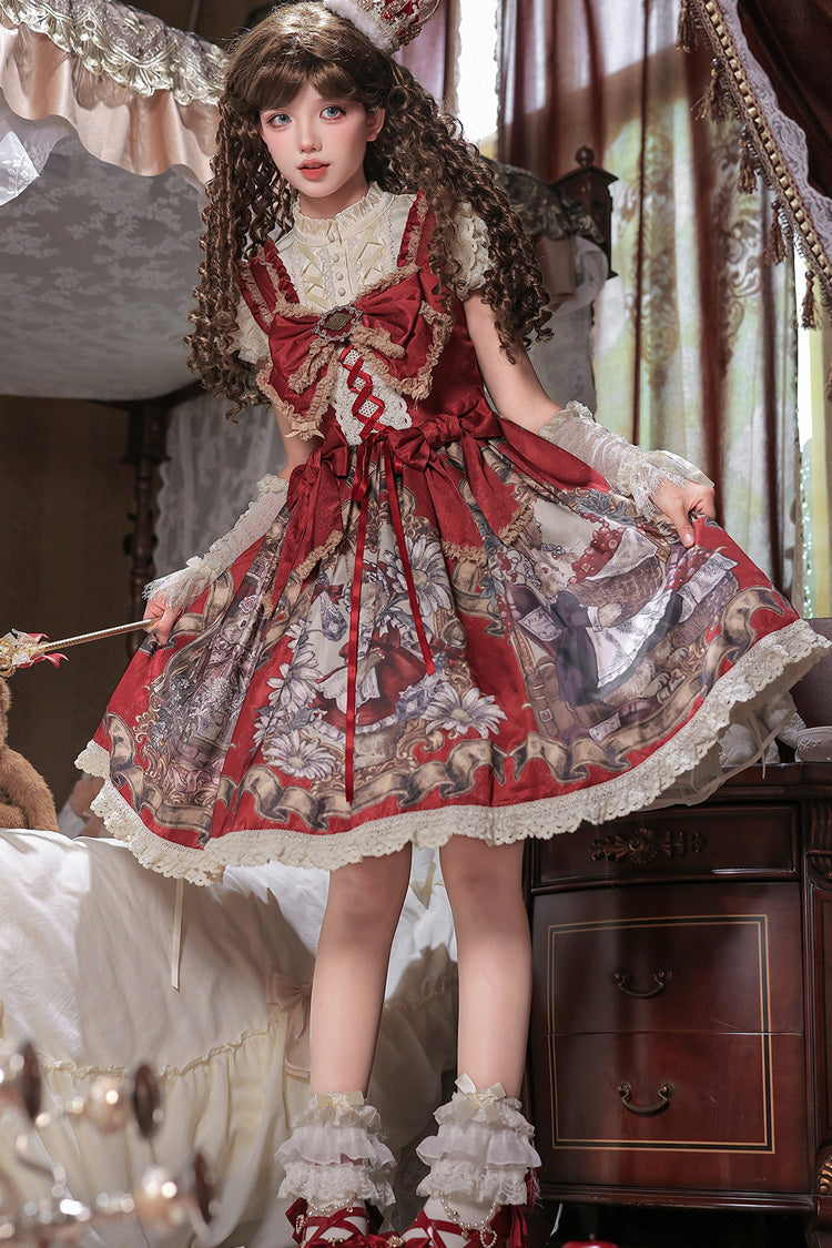 Red [Mystery Bunny] Sleeveless Jacquard Printed Ruffled Bow Lace Classic Lolita Jsk Dress Set - Product - 9