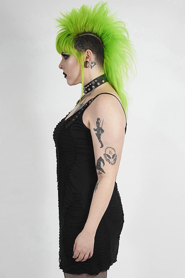 Black Metal Eyelets Strap Irregular Knit Plus Size Women's Punk Sling Dress - Product - 2