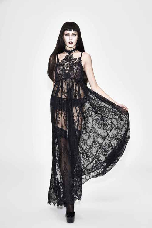 Black Mysterious Night Transparent Lace High Waist Sexy Halter Long Gothic Womens Dress - Product - 2
