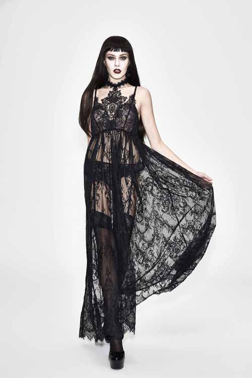 Black Mysterious Night Transparent Lace High Waist Sexy Halter Long Gothic Womens Dress - Product - 2