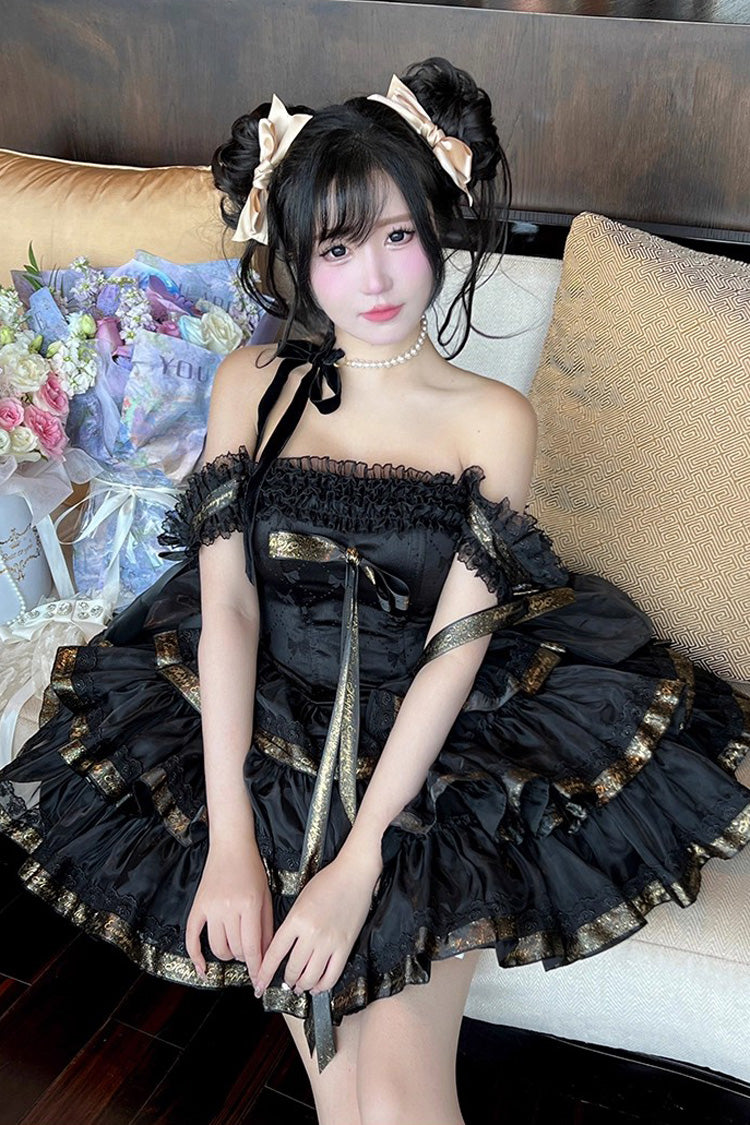 Black [Princess Ribbon] Off Shoulder Triple-Layered Ruffle Bowknot Sweet Lolita Dress - Product - 10