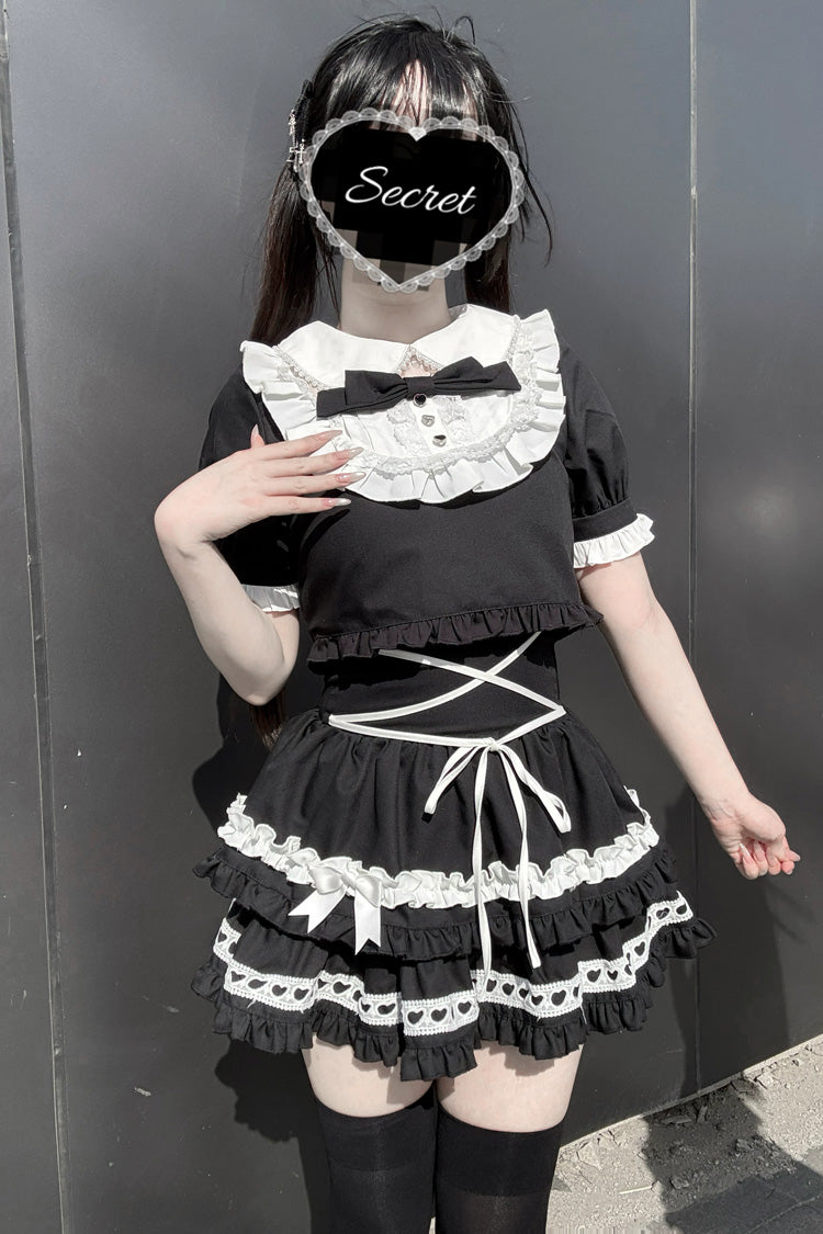 Black [Starry Tulle] Doll Collar Short Sleeves Double-Layered Ruffled Bow Gothic Jirai Kei Japanese Skirt Set - Product - 5