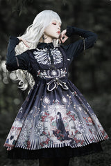 Lapel Collar Long Sleeve Black Fairy Tale Print Gothic Lolita JSK Dress - Product - 6
