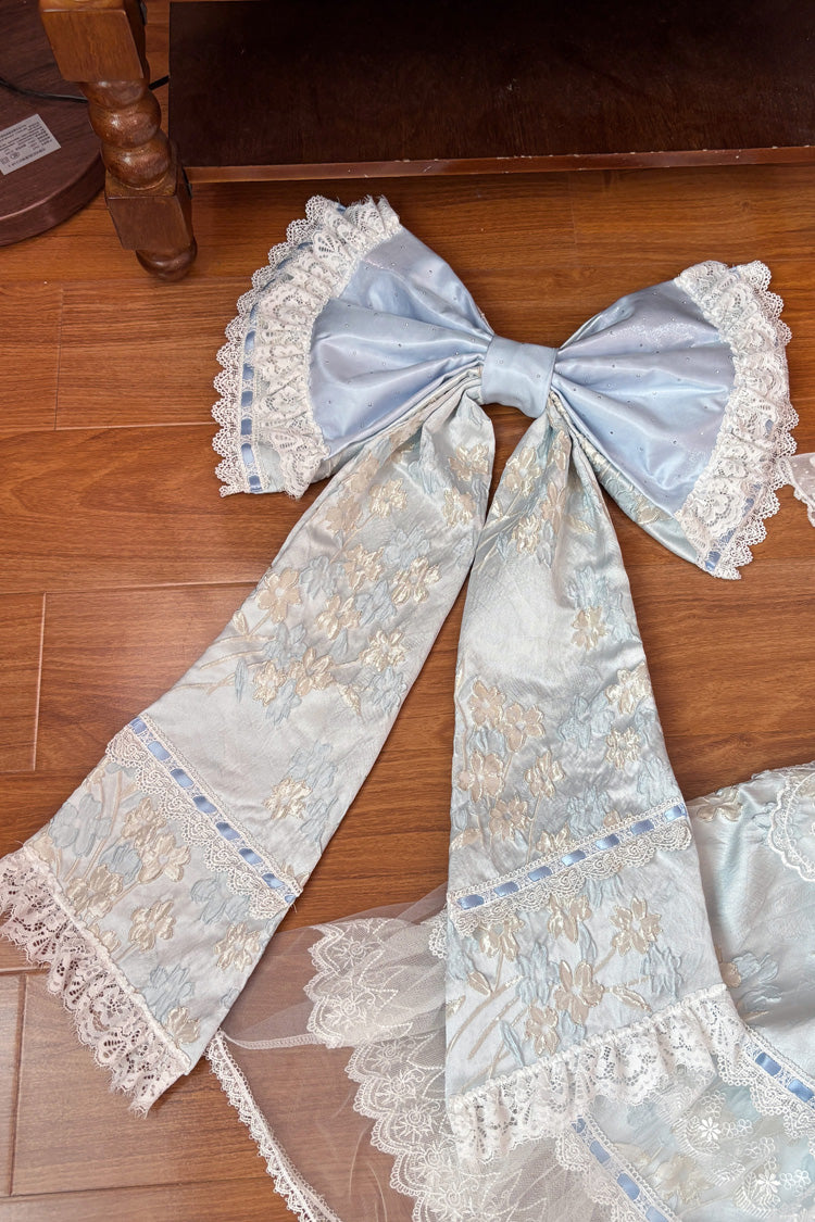 Blue [Moonlight Woven Flower Box] Square Collar Multi-Layered Ruffled Hanayome Embroidered Bow Lace Sweet Plus Size Lolita Jsk Dress Set - Product - 6