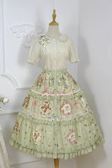 Green [Cat Rose Tea] Print Ruffle Daily Sweet Lolita Skirt - Product - 3