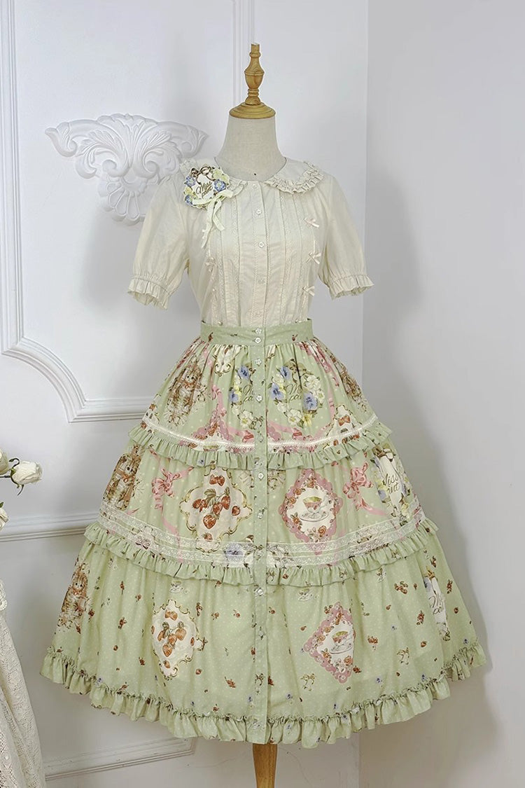 Green [Cat Rose Tea] Print Ruffle Daily Sweet Lolita Skirt - Product - 3