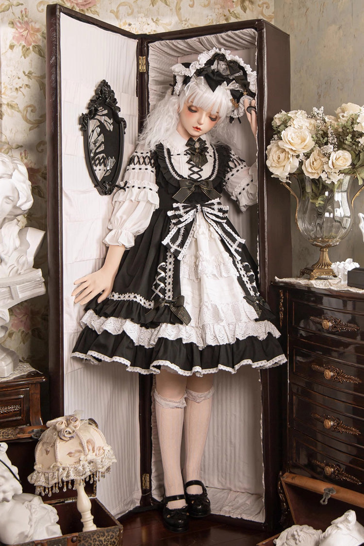 Black/White [Tina's Gift] Sleeveless Multi-Layered Ruffle Cardigan Bowknot Lace Sweet Lolita Jsk Dress - Product - 5