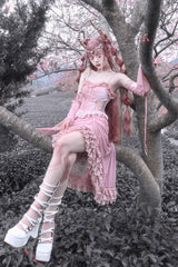 Pink Cherry Nightmare V Collar High Waisted Gothic Lolita JSK Dress - Product - 9