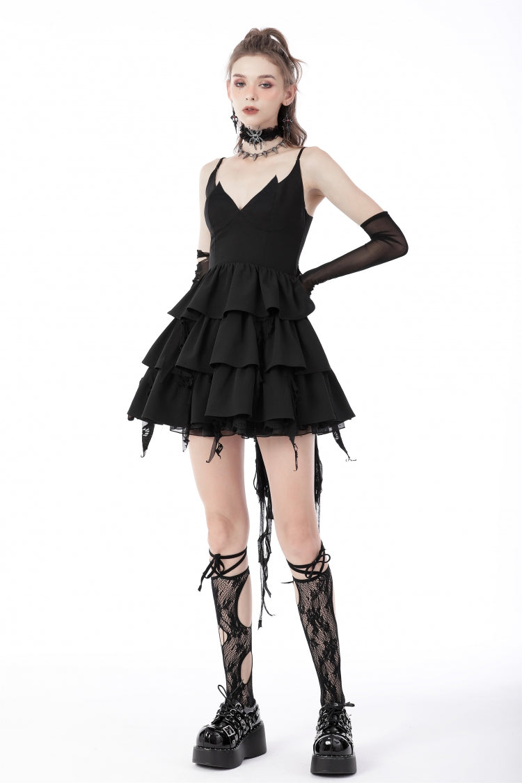 Black Little Devil Sleeveless Multi-Layered Lace-Up Women's Punk Slip Graduation Dress - Product - 2