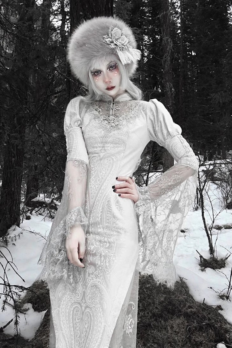 Silver [The Call of the Snow Country] V Collar Long Sleeves High Waisted Ruffle Lace Gothic Lolita Fishtail Dress - Product - 13