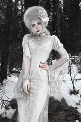 Silver [The Call of the Snow Country] V Collar Long Sleeves High Waisted Ruffle Lace Gothic Lolita Fishtail Dress - Product - 13