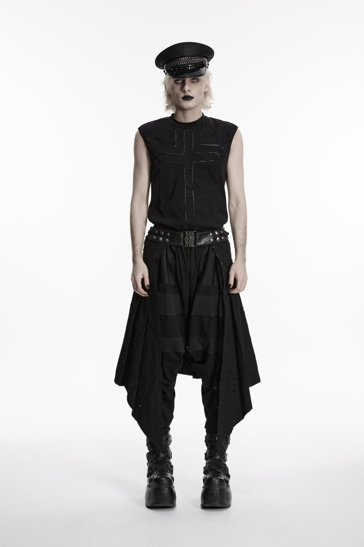Black Lace-Up Irregular Ripped Men's Punk Skirt - Product - 2