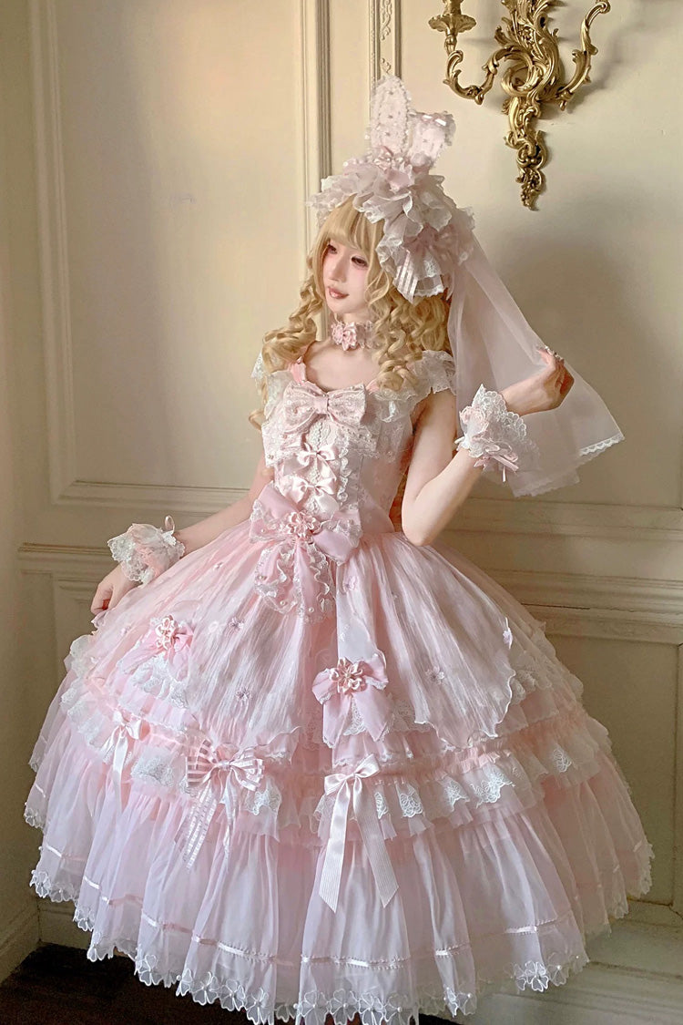 Pink [Sakura Bunny Ballad] Square Collar Flutter Sleeves Jacquard Ruffled Bow Lace Sweet Elegant Luxurious Long Lolita Jsk Dress - Product - 2