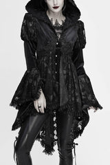 Black Knit Velvet Hooded Front Chest Decals Metal Retro Button Lace Cuff Women's Gothic Coat - Black - 1