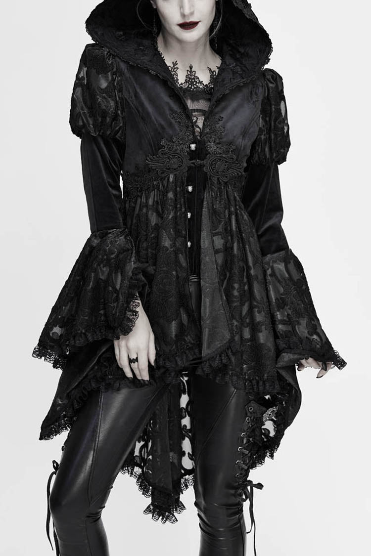 Black Knit Velvet Hooded Front Chest Decals Metal Retro Button Lace Cuff Women's Gothic Coat - Black - 1