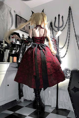 Black/Red [Weeping Rose] Jacquard Print Ruffle Cardigan Bowknot Lace-Up Gothic Lolita Dress - Product - 12
