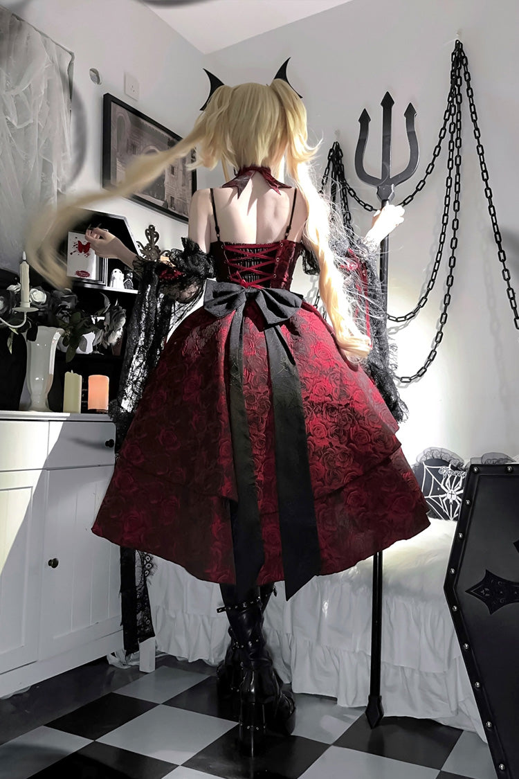 Black/Red [Weeping Rose] Jacquard Print Ruffle Cardigan Bowknot Lace-Up Gothic Lolita Dress - Product - 12