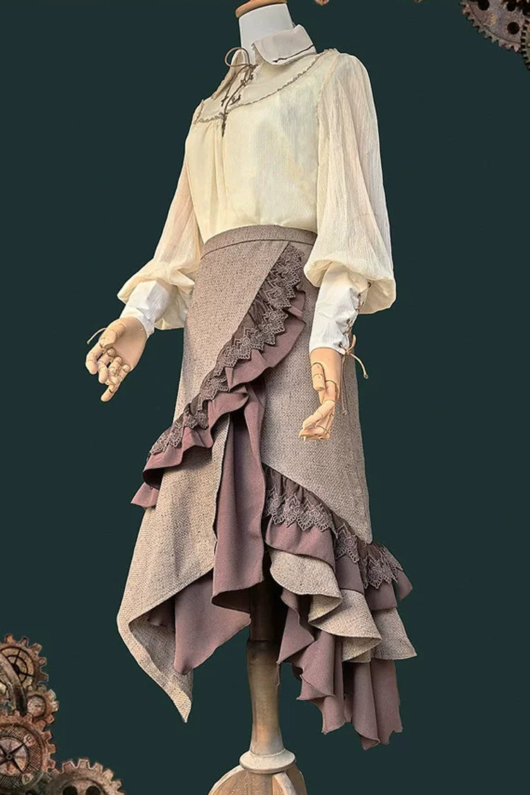 Coffee Brown [The Traveler] Sleeveless Ruffled Irregular Asymmetric Punk Lolita Skirt Set - Skirt(Only) - 6