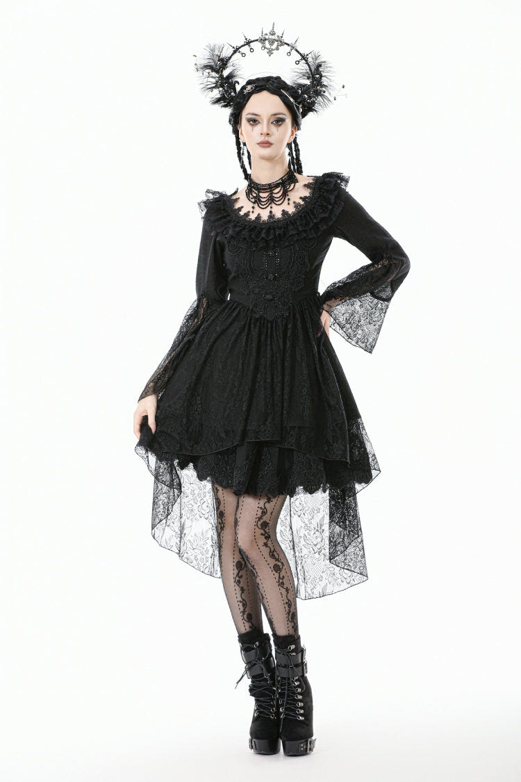 Black Lace Ruffled Boat Neck Long Trumpet Sleeves High-Low Hem Women's Gothic Dress - Product - 9