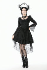 Black Lace Ruffled Boat Neck Long Trumpet Sleeves High-Low Hem Women's Gothic Dress - Product - 9