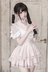 White/Pink [Dreamy Love Ballad] Lapel Collar Short Sleeves Double-Layered Ruffled Cut-Out Bow Gothic Japanese Jirai Kei Skirt Set - Product - 6