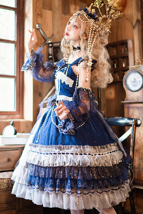 Blue Gorgeous Starry Sky Bowknot Pearl Chain Decoration Multi-Layer Ruffled Sweet Lolita JSK Tiered Dress - Product - 8