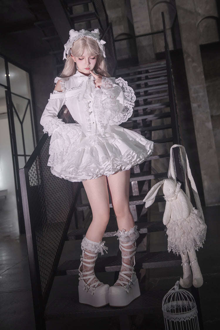 White [Snowy Night Princess] Lapel Collar Long Hime Sleeves Ruffled Bow Lace Gothic Jirai Kei Japanese Skirt Set - Product - 10