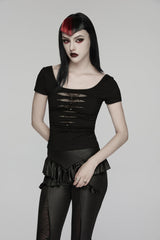 Black Round Collar Short Sleeves Slim Sheer Ripped Studded Women's Punk T-Shirt - Product - 8
