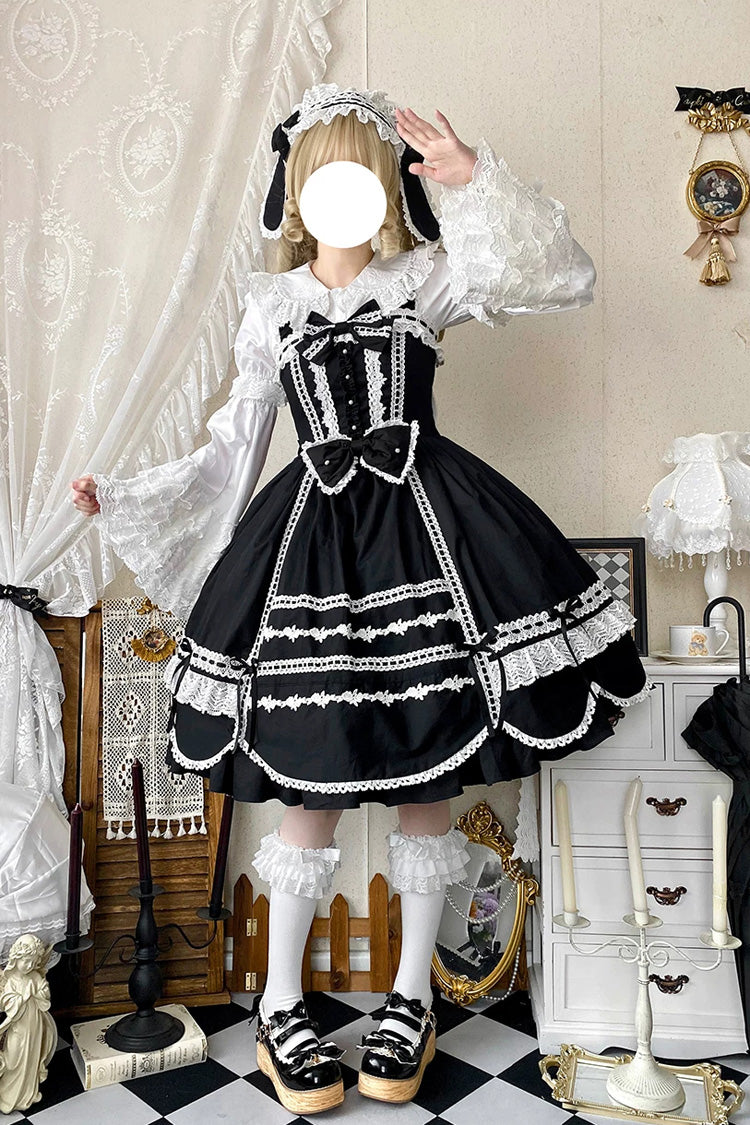 Black [Petal Bunny] Cotton Sleeveless Ruffled Bow Lace Sweet Elegant Lolita Jsk Dress - Product - 7