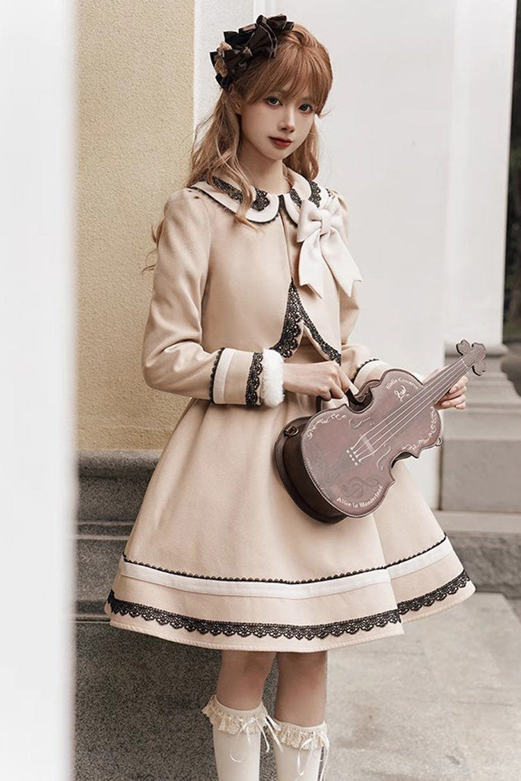Light Tan Doll Collar Bowknot Autumn Winter Sweet College Style Lolita Dress Two Piece Set - Product - 9