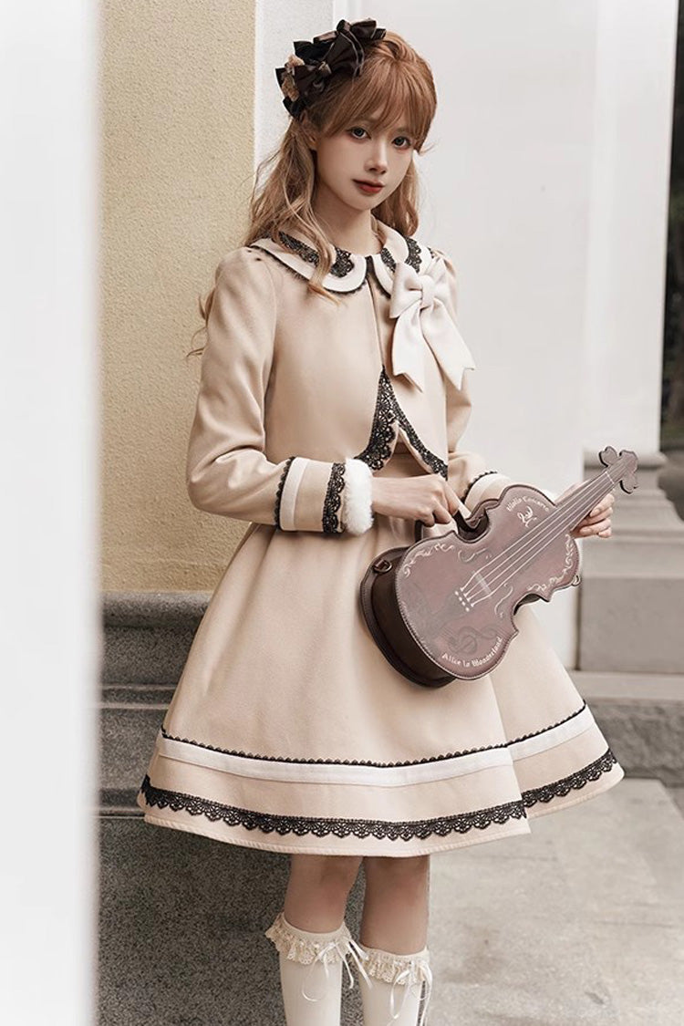 Light Tan Doll Collar Bowknot Autumn Winter Sweet College Style Lolita Dress Two Piece Set - Product - 9