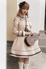 Light Tan Doll Collar Bowknot Autumn Winter Sweet College Style Lolita Dress Two Piece Set - Product - 9