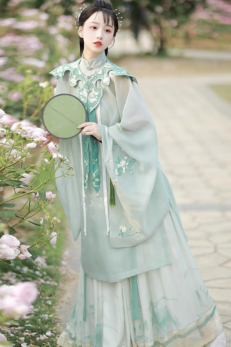 Green Stand Collar Embroidery Classic Hanfu Full Set - Product - 2