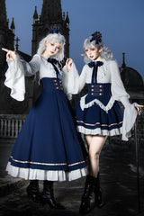 Blue [Eternal Crown] Stand Collar Long Lantern Sleeves Ruffled Color-Blocked Faux Two-Piece Classic Royal Lolita Dress 2 Versions - Product - 6