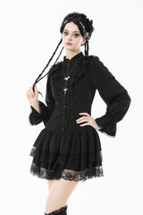 Black Long Bishop Sleeves Double-Layered Lace Hem Lace-Up Women's Gothic Dress - Product - 5