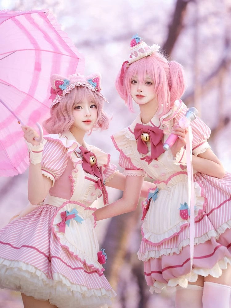 Pink [Berry Bubbles] Stripe Print Ruffle Bowknot Lace Sweet Lolita Dress - Product - 3