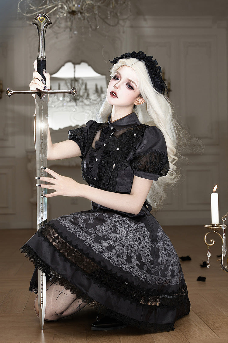 Black Lapel Collar Short Sleeves Ruffled Embroidered Lace Classic Gothic Elegant Lolita Dress - Product - 9