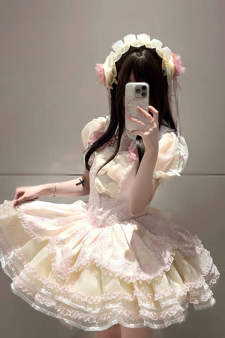 Pink [Jasmine Rain] Ruffle Hanayome Bowknot Lace Sweet Elegant Princess Lolita Dress - Pink - 1