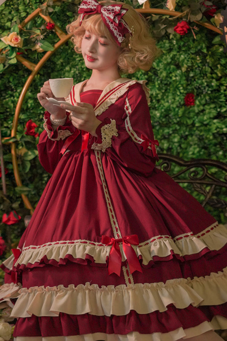 Court Style Long Sleeves High Waisted Bowknot Ruffled Multi-Layer Classic Lolita Op Dress - Product - 4