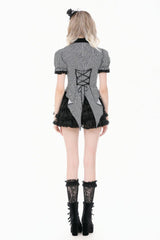 Black/White Pinstripe Short Puff Sleeves Lace-Up Women's Preppy Style Swallow-tailed Blouse with Detachable Tie - Product - 10