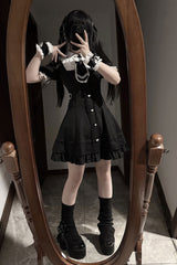Black [Angel Creed] Short Sleeves Ruffle Bowknot Stitching Lace Gothic Plus Size Japanese College Style Jirai Kei Dress - Product - 7